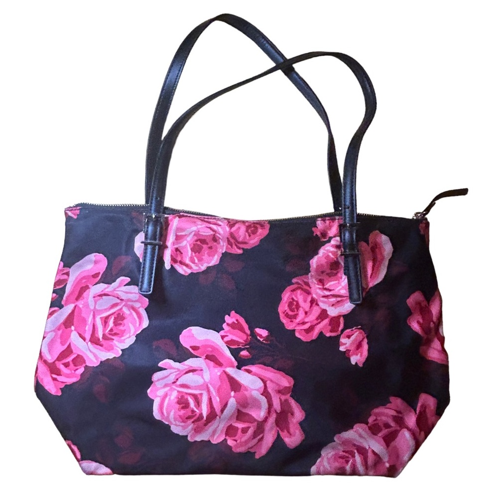 Kate Spade Floral Roses Fabric + Leather Trim Large Black Shoulder Bag Purse - Picture 4 of 15